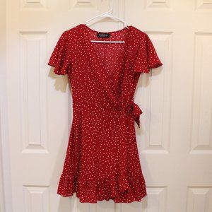 Red and White Print Wrap Dress